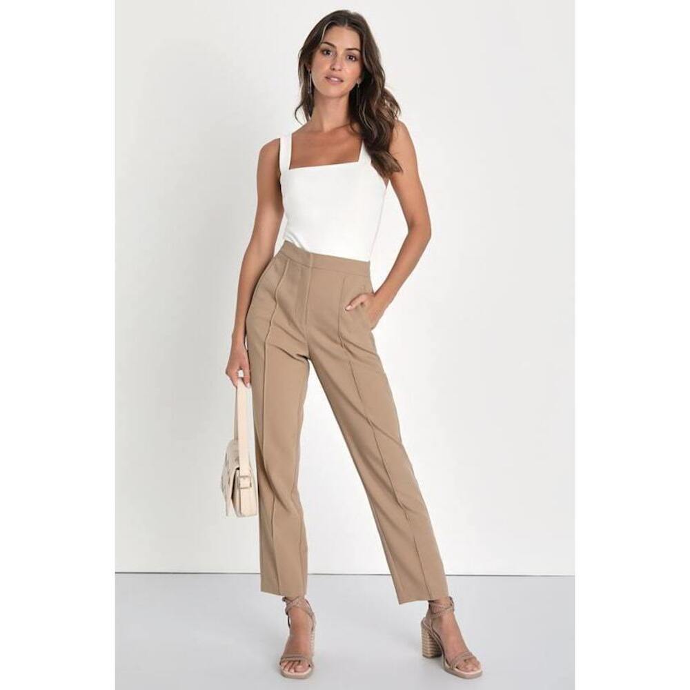 Lulus Chic Business Khaki High-waisted Trouser Pants Beige - Size L